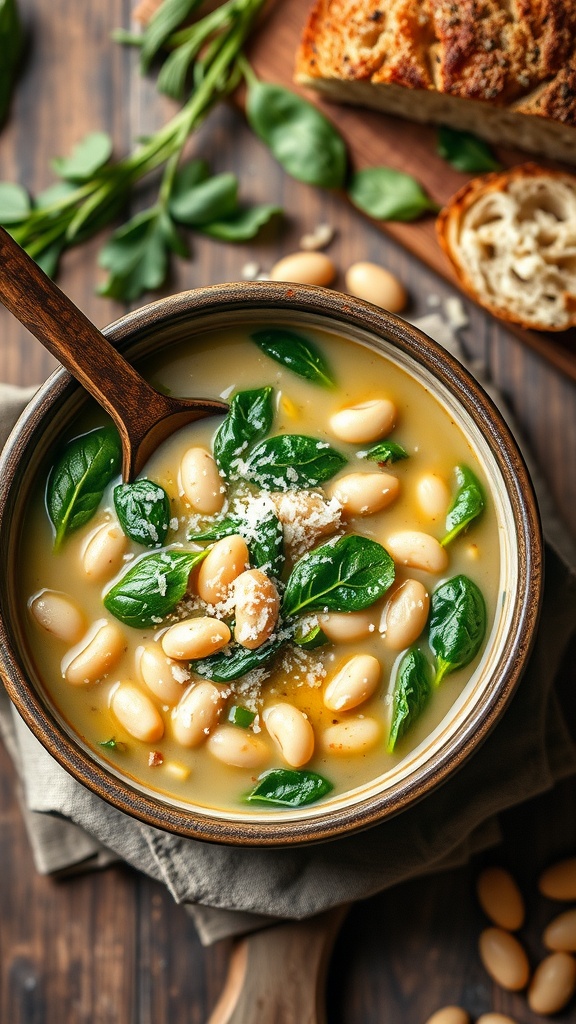 A bowl of white bean parmesan spinach soup, garnished with parmesan cheese, served with crusty bread.